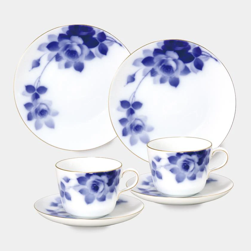 【磁器】大倉陶園 ブルーローズ カフェスペシャルペアセット(モーニングカップ&ソーサー、デザート皿各2セット)